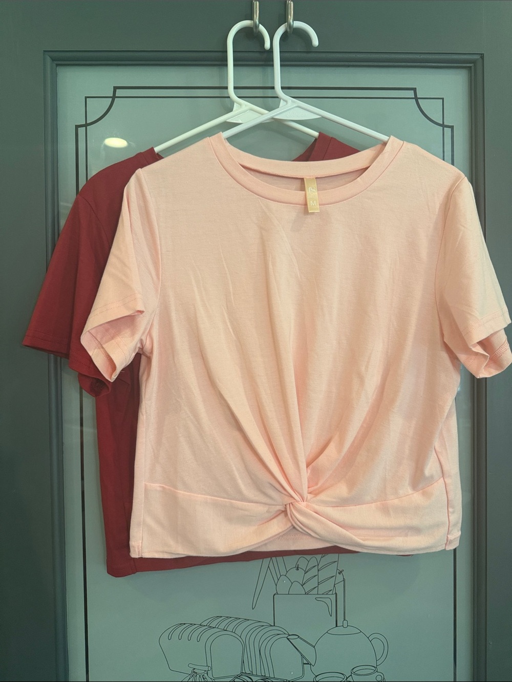 2 Women’s Twist-Knot Short Sleeve Tee - Light Pink and Red, M